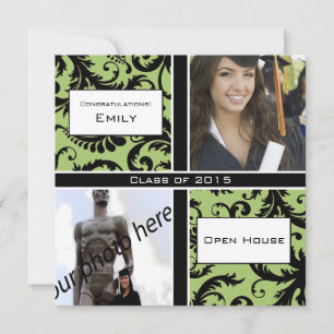 Convites Apple Green & Black Damask Graduation Invitation