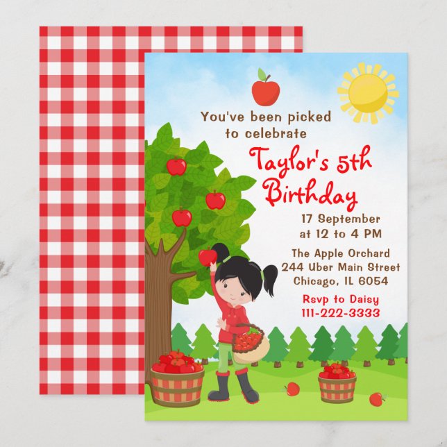 Convites Apple Picting Birthday Black Hair Girl Invitation (Frente/Verso)