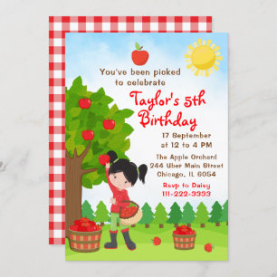 Convites Apple Picting Birthday Black Hair Girl Invitation
