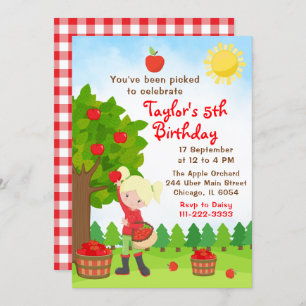 Convites Apple Picting Birthday Blonde Hair Girl Invitation