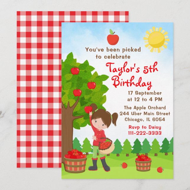 Convites Apple Picting Birthday Brown Hair Girl Invitation (Frente/Verso)