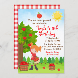 Convites Apple Picting Birthday Red Hair Girl Invitation