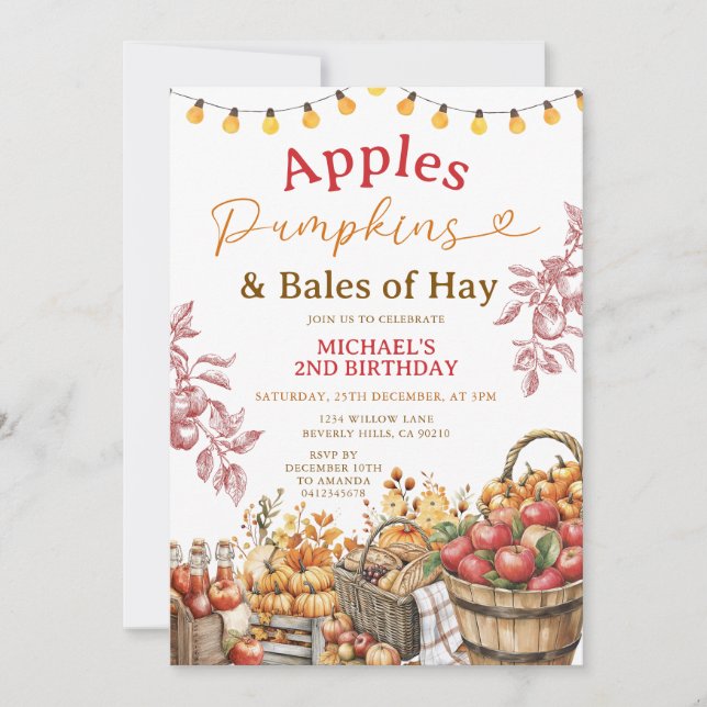 Convites Apple Pumpkins e Balas de Hay Birthday Autumn (Frente)