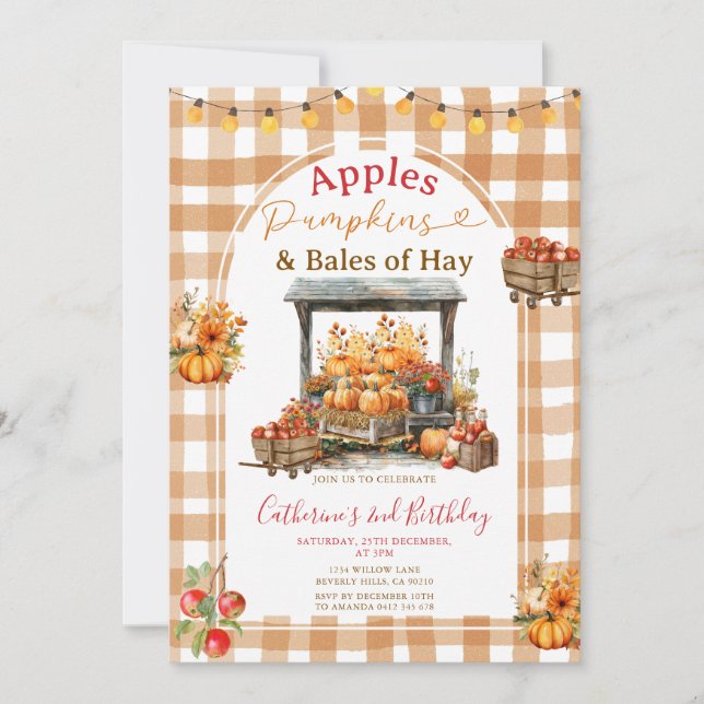 Convites Apple Pumpkins e Baldes de Hay Birthday Gingham (Frente)