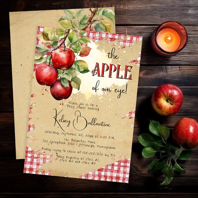 Convites Apple Rustic Country Do Nosso Chá de fraldas Olhal ("The Apple of Our Eye!"  Country Rustic Apple Theme Torn Brown Paper Red White Gingham Checks Invite)