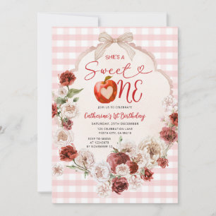 Convites Apple Sweet One Birthday Pink Gingham Fall Floral