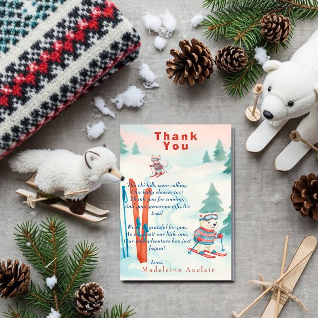 Convites Après Bébé Ski baby Polar bear fox Thank You card (Après Bébé Ski baby Polar bear fox Thank You card)