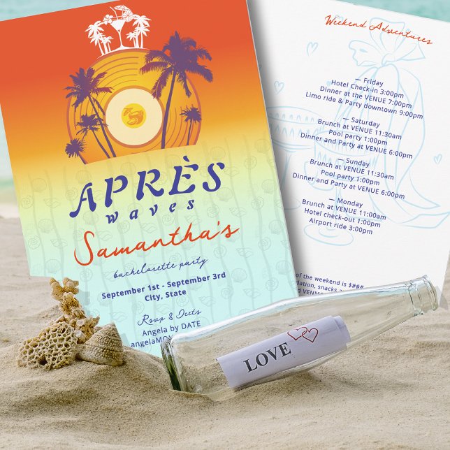 Convites Après Waves Retro Vinyl Costeira Despedida de Solt (Après Waves Retro Vinyl Coastal Tropical Beach Island Destination Bachelorette Party Invitation)