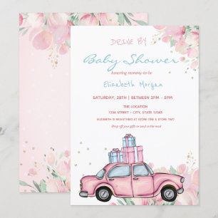 Convites Apresenta Chuveiro de Bebê Floral de Carro Rosa
