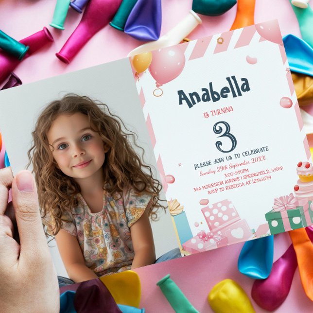 Convites Apresenta e balões Festa de aniversário Rosa (Criador carregado)