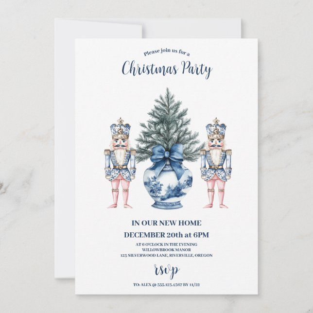 Convites Apresentação de Natal Blue Chinoiserie Nutcracker (Frente)