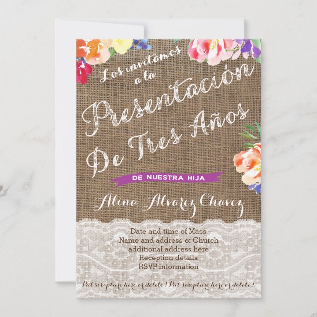 Convites Apresentação de tres años para niña, Flores (Frente)