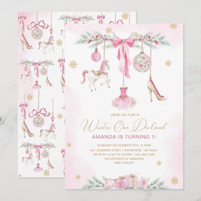 Convites Apresentador de Natal Um DerLand rosa ballet bebê  (Frente/Verso)
