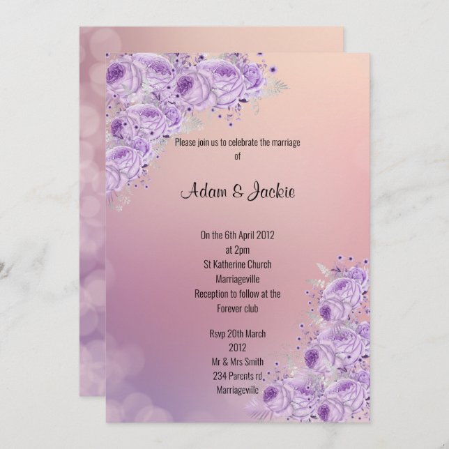 Convites Apricot Lilac, AWEDDING floral de Prata Moderna (Frente/Verso)