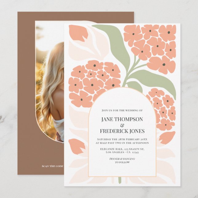 Convites Apricot Pop Abstract Floral Modern Spring Wedding (Frente/Verso)
