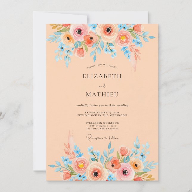 Convites Apricot Serene Watercolor Wedding (Frente)