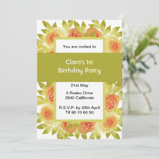 Convites Apricot Watercolour Roses Green Party