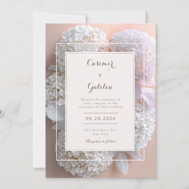Convites Apricot White Hydrangea Botanical Frame Wedding (Frente)