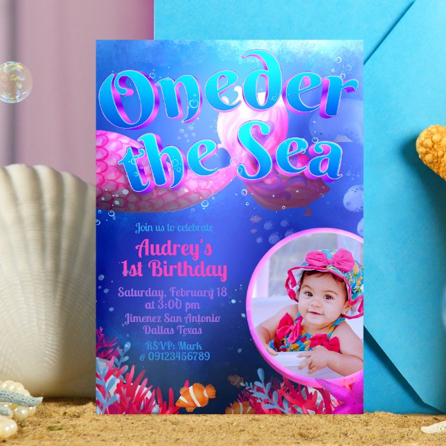 Convites Aproxime o mar com foto (Oneder the Sea - Girl Mermaid 1st Birthday Invitation with Picture)