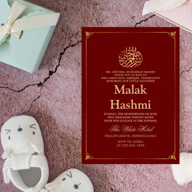 Convites Aqiqa Islâmica do Bebê Borgonha Dourada Elegante (Criador carregado)