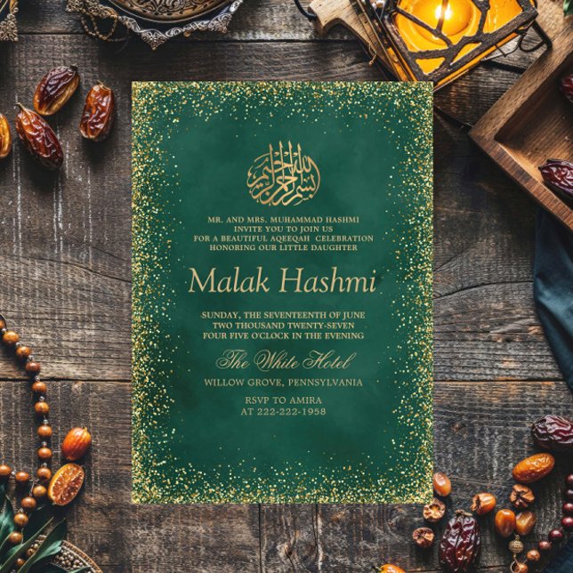 Convites Aqiqa Islâmica do Bebê Gliter Verde Elegante (Criador carregado)