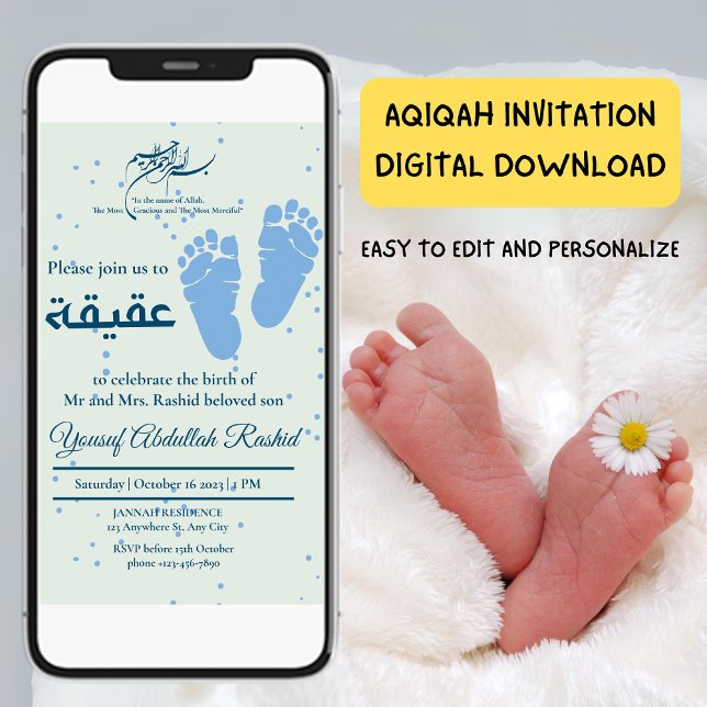 Convites Aqiqah Aqeqeqa Muslim Menino Recém-Nascido Da Pega (Footprint Newborn Baby Boy Muslim Aqiqah Aqeeqa Invitation)