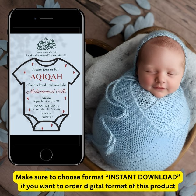 Convites Aqiqah Blue Bodsie Baby Boy Muslim (Criador carregado)