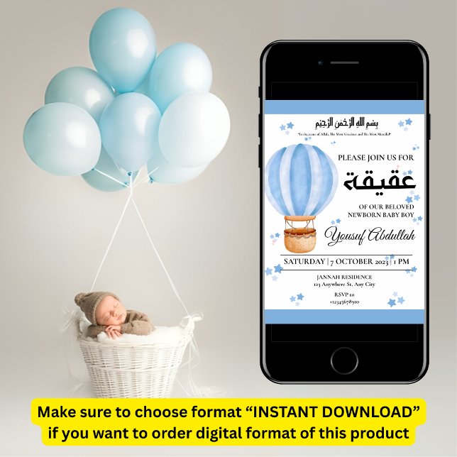 Convites Aqiqah Blue Hot Air Balloon Baby Boy Muslim (Criador carregado)