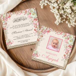 Convites Aqiqah de Foto de Bebê Menina Floral Rosa Vintage 