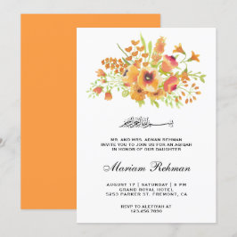 Convites Aqiqah de Menina Bebê Floral em Aquarela Laranja