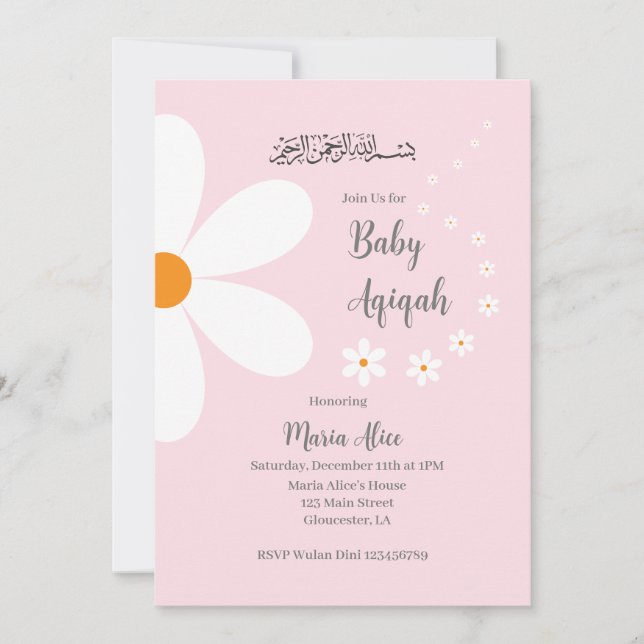 Convites Aqiqah floral rosa (Frente)