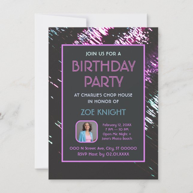 Convites Aqua and Purple Photo Birthday Party Invitation (Frente)
