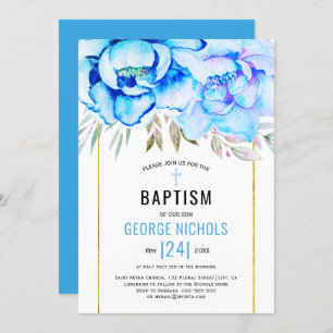Convites Aqua azul-aquarela flores florais Baptism