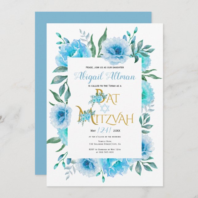 Convites Aqua azul-aquarela flores florais Bat Mitzvah (Frente/Verso)