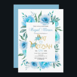 Convites Aqua azul-aquarela flores florais Bat Mitzvah<br><div class="desc">Aqua azul-aquarela flores florais Bat Mitzvah Convite. Este belo convite mostra uma borda floral feita de flores azuis de cacto,  o texto "Bat Mitzvah" em ouro,  em letra decorativa,  e o seu texto.</div>