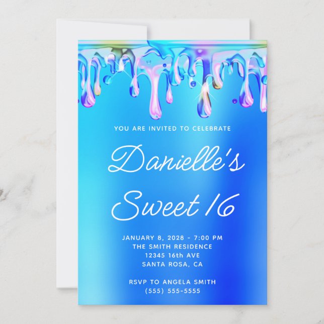 Convites Aqua Azul e Rosa Líquido Gotejante Sweet 16 (Frente)