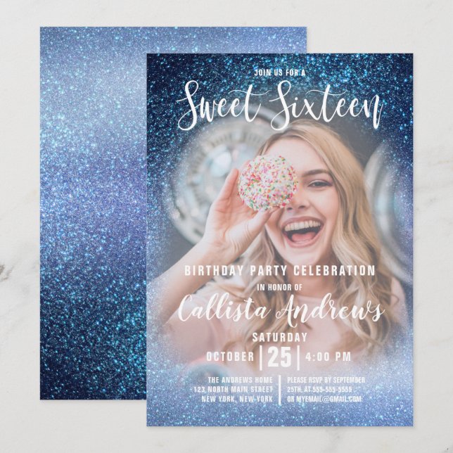 Convites Aqua Baby Blue Triple Glitter Photo Sweet 16 (Frente/Verso)