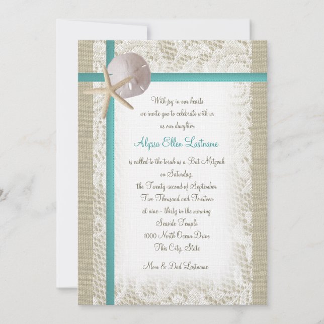 Convites Aqua Beach Burlap e Lace Bat Mitzvah (Frente)