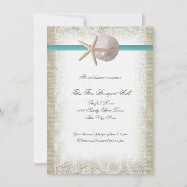 Convites Aqua Beach Burlap e Lace Reception (Frente)