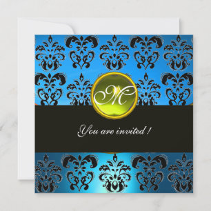 Convites AQUA BLUE BLACK DAMASK MONOGRAM, topaz amarela