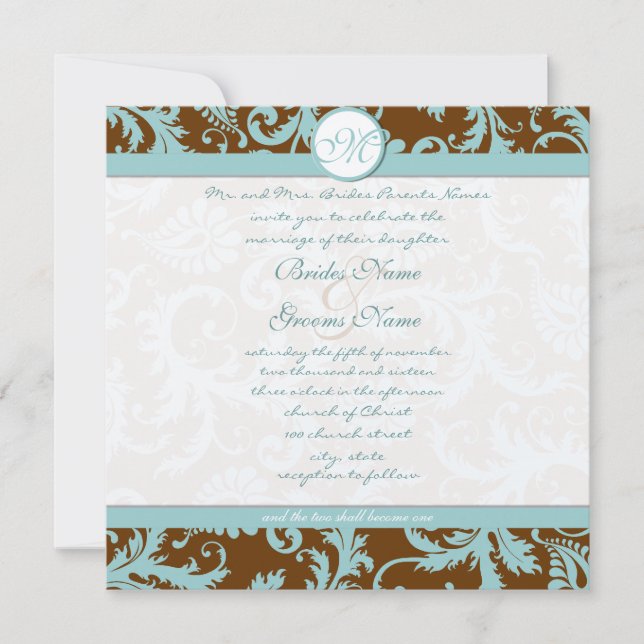 Convites Aqua Blue Damask on Brown Christion Wedding (Frente)