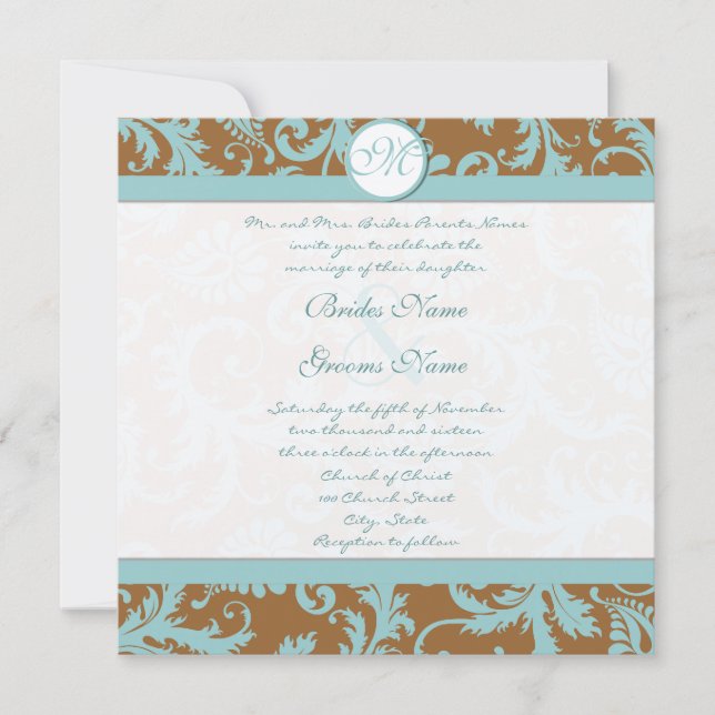 Convites Aqua Blue Damask on Brown Weding Invitation (Frente)
