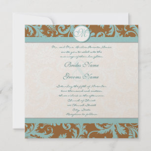 Convites Aqua Blue Damask on Brown Weding Invitation