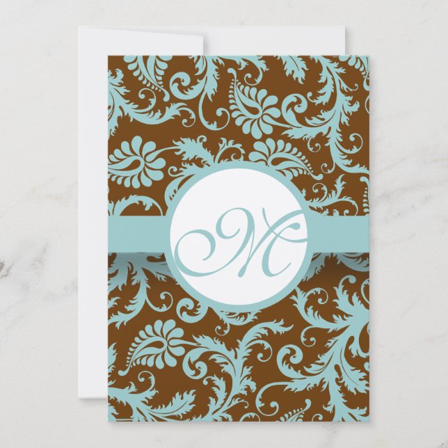 Convites Aqua Blue Damask on Brown Weding Invitation (Frente)
