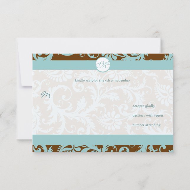 Convites Aqua Blue Damask on Brown Weding Invitation (Frente)