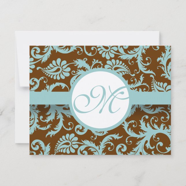Convites Aqua Blue Damask on Brown Weding Invitation (Frente)