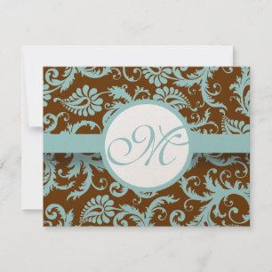 Convites Aqua Blue Damask on Brown Weding Invitation