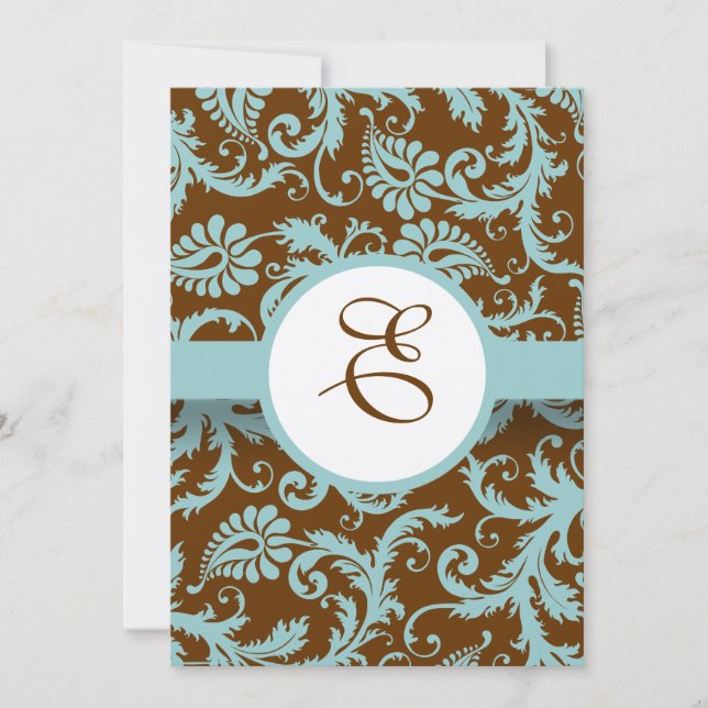 Convites Aqua Blue Damask on Brown Weding Invitation (Frente)
