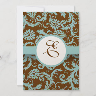 Convites Aqua Blue Damask on Brown Weding Invitation