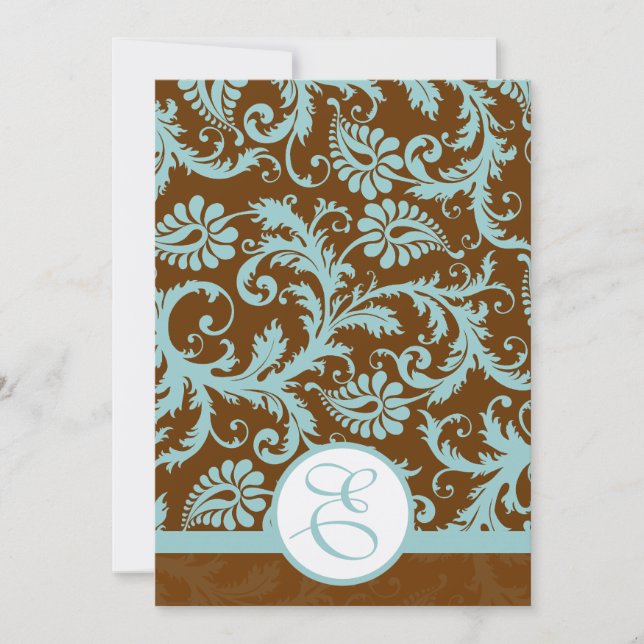 Convites Aqua Blue Damask on Brown Weding Invitation (Frente)